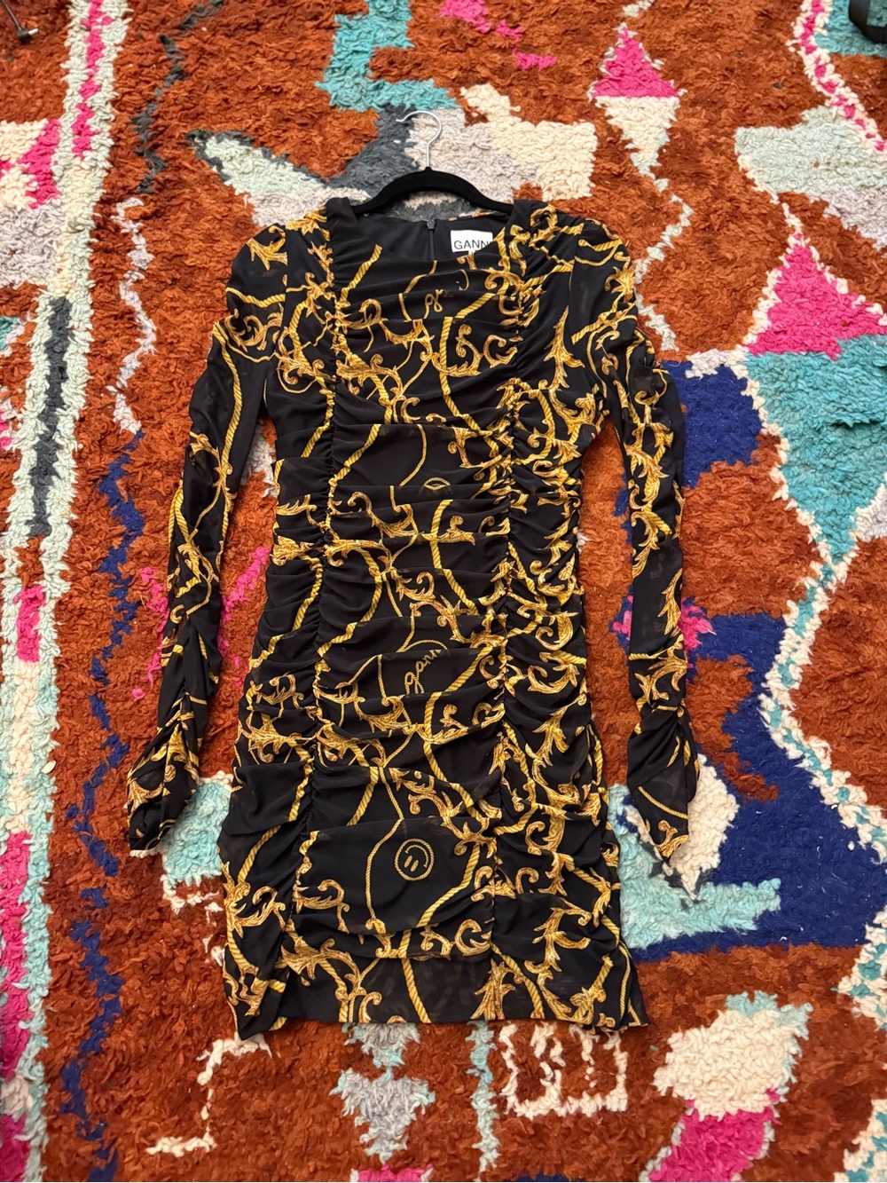 Ganni Black and Gold Ruched Long-Sleeve Mini Dress